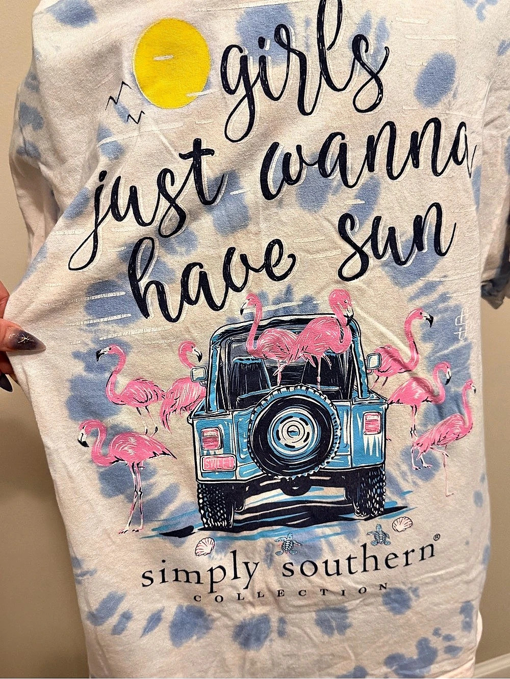 Simply Southern Tie-Dye Graphic Tee Girls Just Wanna Have Sun Flamingo Size L
